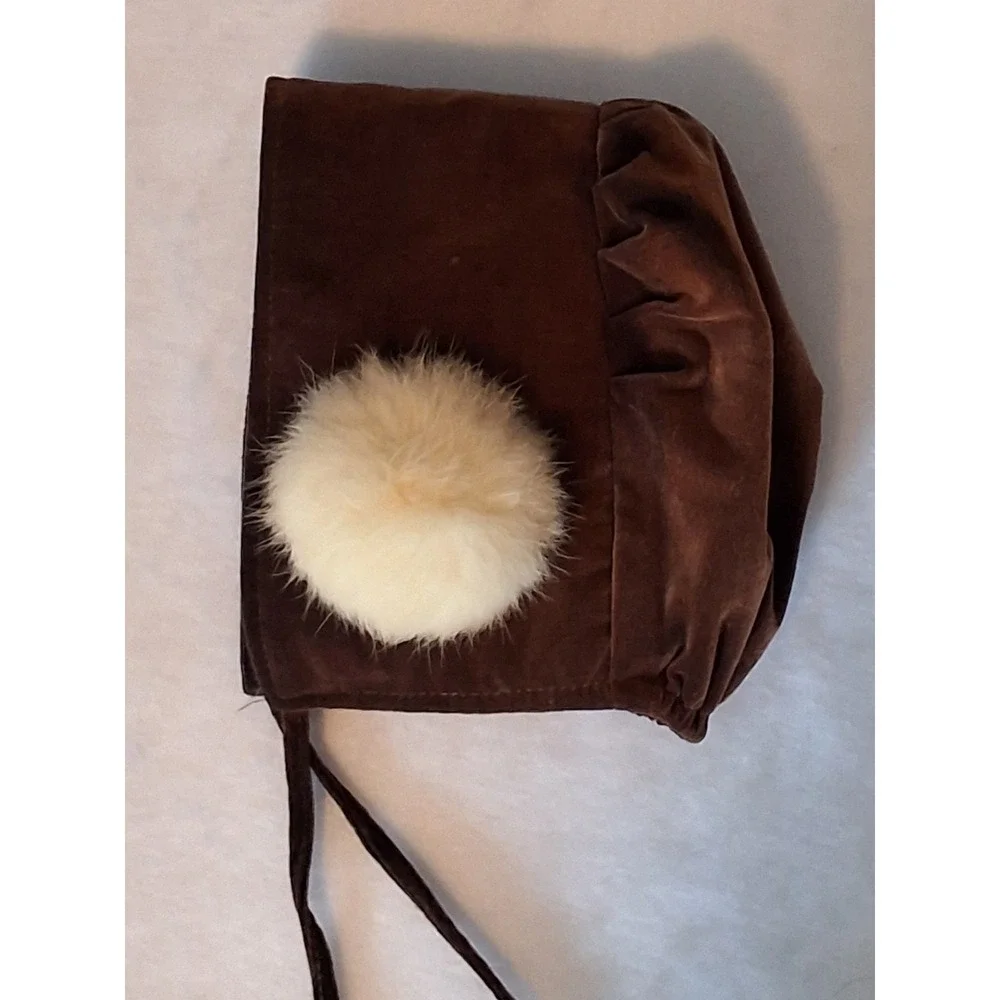 Vintage Velvet Baby Bonnet With Pom Poms And Hat Box GVC
